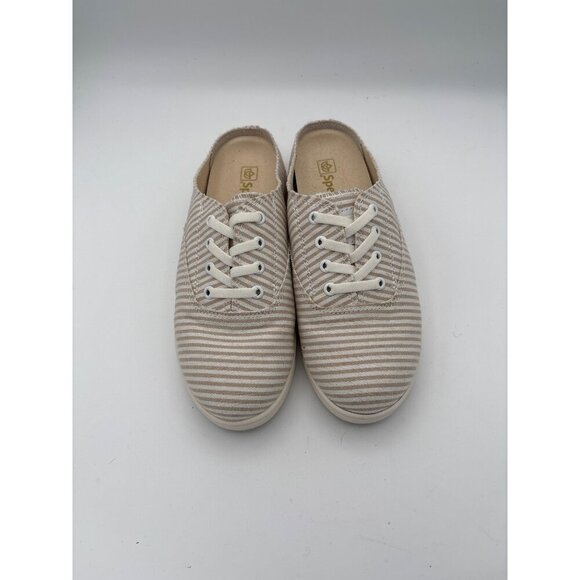 Spenco Womens 7 Slip-On Beige & White Striped Canvas Sneakers - Picture 1 of 7